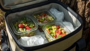 Glacière avec salades fraîches sur glace
