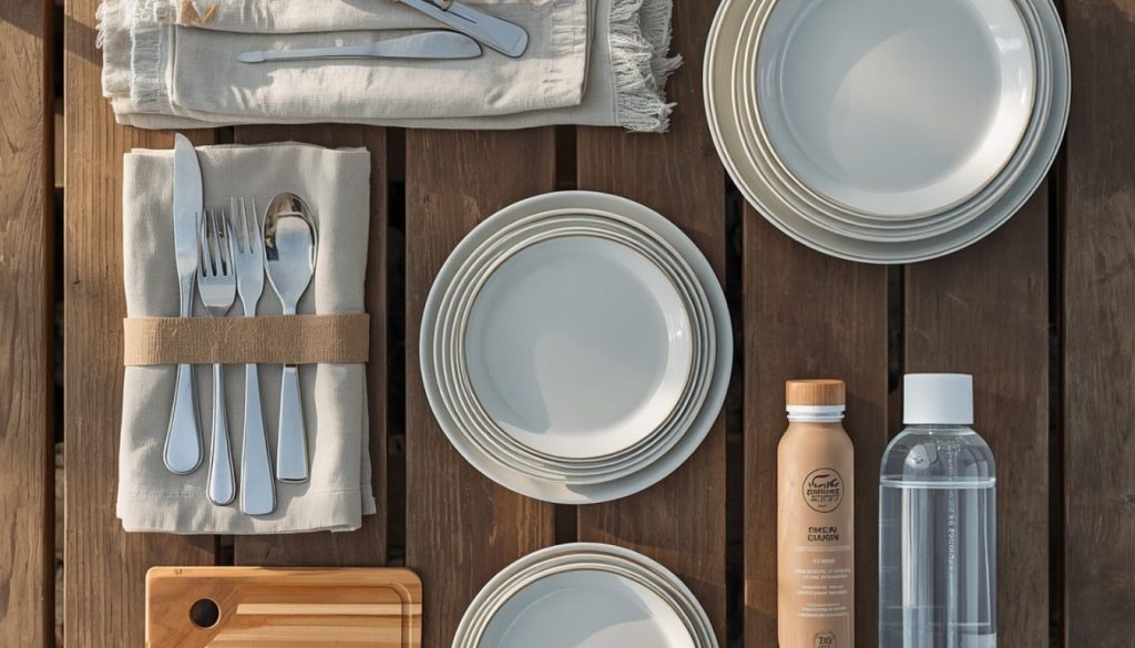 Table dressée avec assiettes et couverts en bois