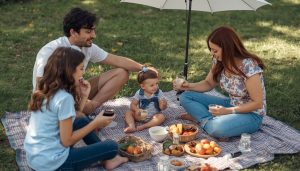 Famille en pique-nique sur l’herbe au parc