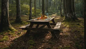 Table de pique-nique dressée en forêt
